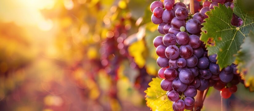 A bunch of ripe and juicy grapes hanging from a lush vine.