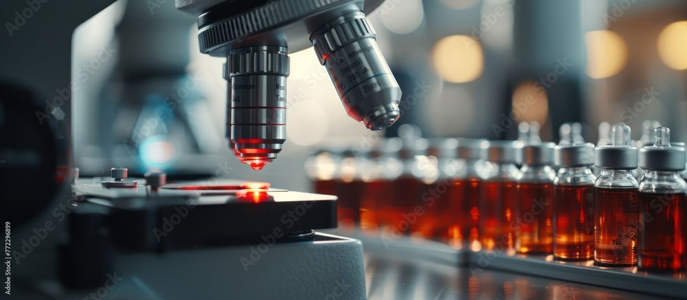 Poster a laboratory setting filled with various containers of liquid and a microscope focused on a red samp