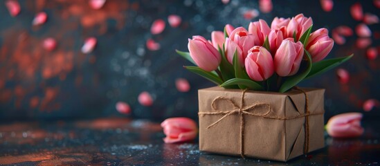 A brown gift box containing a vibrant bouquet of pink tulips, showcasing a beautiful and elegant display.