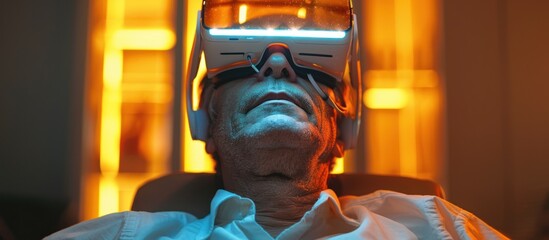 A man wearing a white shirt engages in virtual reality with a futuristic helmet.