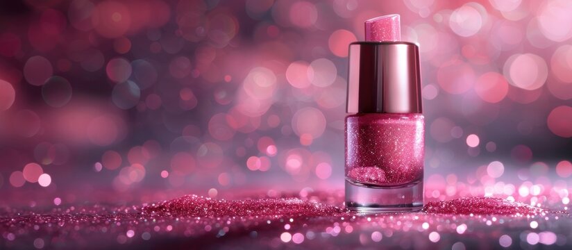 A stylish bottle of pink nail polish resting on a wooden table surface.