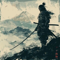 a man holding a sword and standing on a mountain