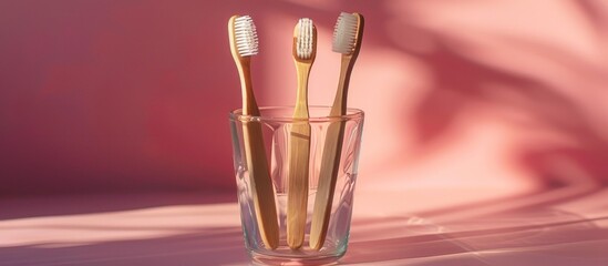 Three wooden toothbrushes standing upright inside a clear glass vase on a wooden table.