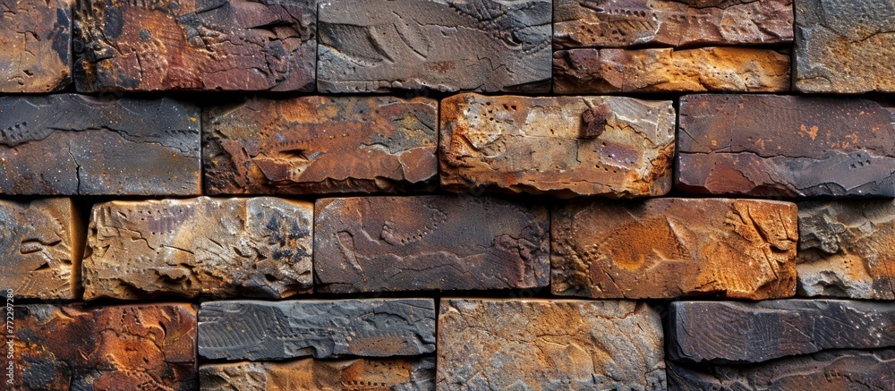 Poster detailed view of a brick wall with various colors and textures creating a striking pattern.