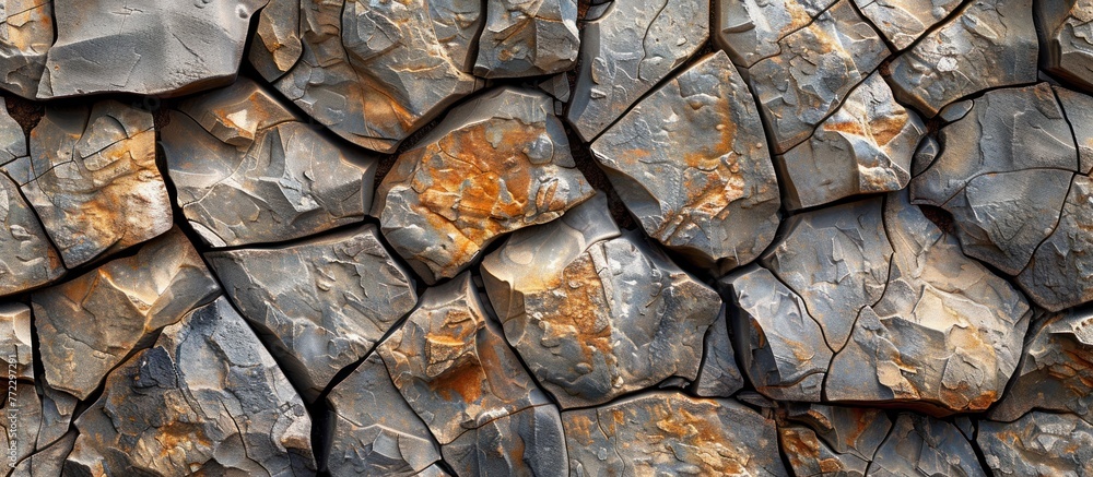 Aufkleber a close up view of a rock wall showing intricate patterns of rust formation on the surface.