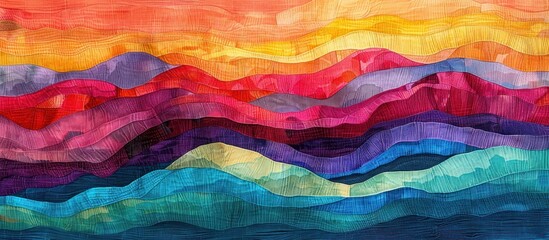 A closeup view of a vibrant painting depicting a colorful mountain range with a striking array of hues and tones. - obrazy, fototapety, plakaty