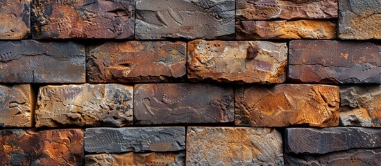Detailed view of a brick wall with various colors and textures creating a striking pattern.