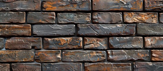 Detailed view of a brown brick wall made of rectangular bricks.