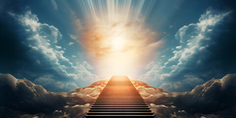 stairway to the sky,Sunlight way to new life stairway to heaven, Sunlight way to new life stairway to heaven Stairway to heaven in glory gates of paradise, Heaven in heaven, Generative AI  - obrazy, fototapety, plakaty
