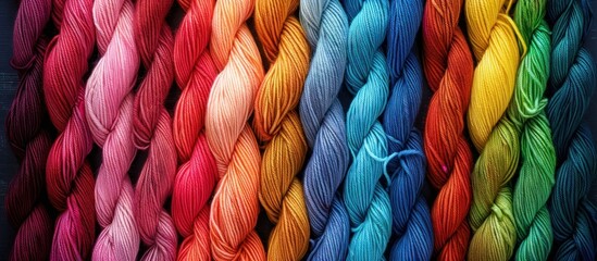 Various colored skeins of yarn neatly arranged in a straight row with text space in between them. - obrazy, fototapety, plakaty