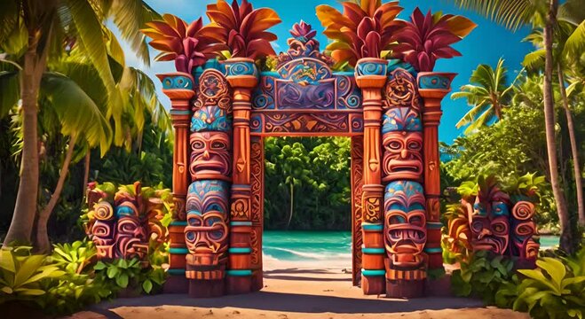 Tiki Gateway to Tranquility, A Weathered Entrance Opens Onto a Picturesque Beach