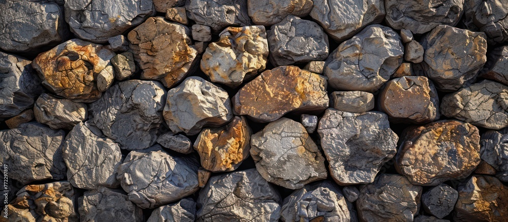 Poster a close-up view of a massive pile of rocks stacked next to each other.