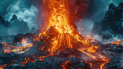 Underwater volcano eruption with flowing lava, vivid colors, detailed closeup ,ultra HD,clean sharp focus