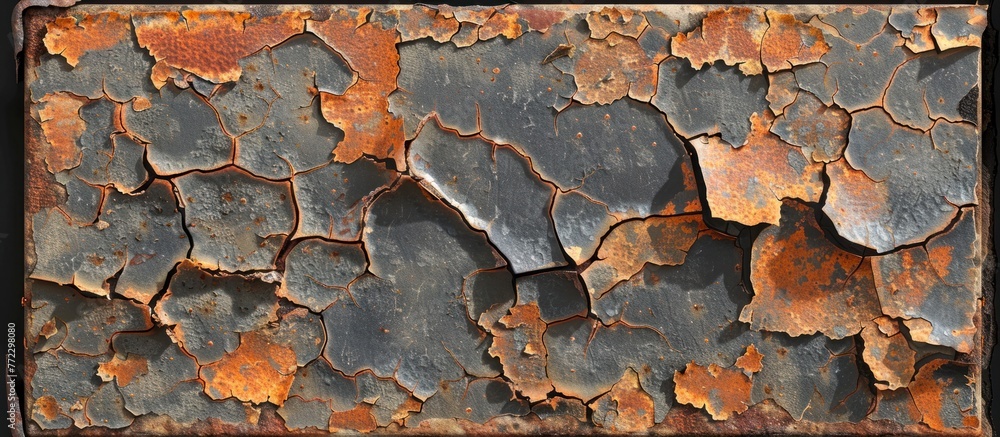 Poster detailed view of a weathered metal surface with rust patches and a black frame surrounding it.