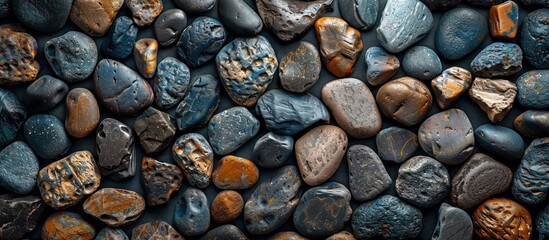 A group of assorted rocks positioned closely together, displaying various shapes and sizes. - obrazy, fototapety, plakaty