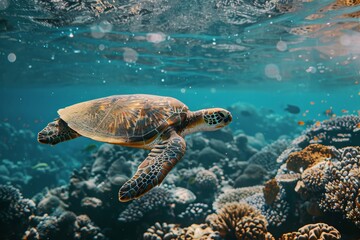 Graceful Sea Turtle Swimming Over Coral Reef