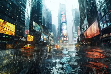 Heavy rain flooding the iconic Times Square in New York City, extreme weather illustration