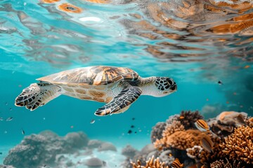 Obraz premium Graceful Sea Turtle Swimming Over Coral Reef