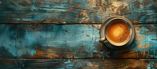 Foto auf Leinwand A fresh cup of coffee resting on a wooden table, showcasing a morning boost. © FryArt Studio