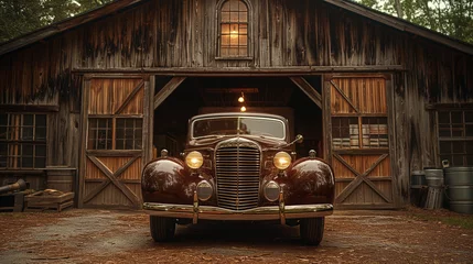 Foto op Aluminium Vintage Car Parked in Rustic Wooden Barn © PixelGuru