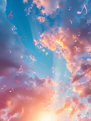 Dreamy sky with vibrant musical notes, ethereal and majestic, soft focus, colorful ambiance, overhead angle - obrazy, fototapety, plakaty