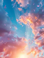 Fotobehang Dreamy sky with vibrant musical notes, ethereal and majestic, soft focus, colorful ambiance, overhead angle © Thanadol