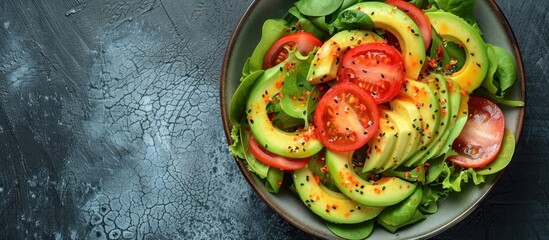 A bowl filled with fresh salad featuring ripe avocado slices, juicy tomatoes, and crisp lettuce leaves. - obrazy, fototapety, plakaty
