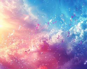 Musical notes floating in ethereal sky, dreamy and vibrant, majestic backdrop, high contrast, wide view