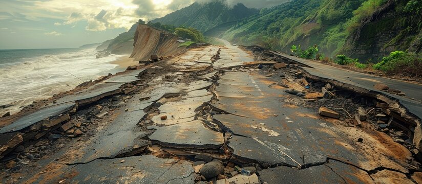 A sizable crack runs along the side of a road near the ocean, likely caused by a natural disaster. The road appears to be damaged and weakened due to the force of the event.