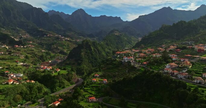 Aerial view of incredible mountain landscape of the small settlement of Faial on the island of Madeira, Portugal