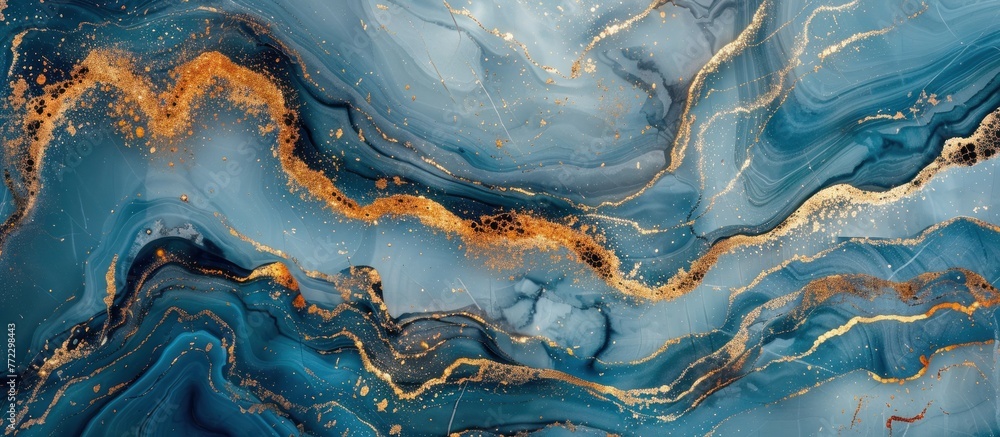 Poster an abstract painting featuring swirls and patterns in gold and blue colors. the colors blend elegant