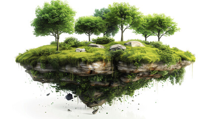 Floating island with trees and rocks on white background