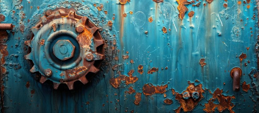 Close-up of a weathered metal door adorned with a rusted gear, showing signs of decay and neglect.