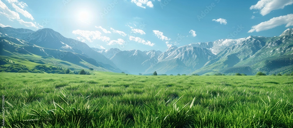 Poster a view of a grassy field with towering mountains in the background under a clear sky.
