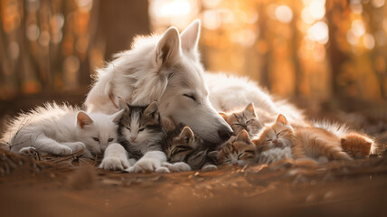 Dog sleeping with kittens on fur - obrazy, fototapety, plakaty