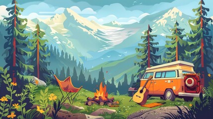 Forest camp poster with van, chair and guitar. - obrazy, fototapety, plakaty