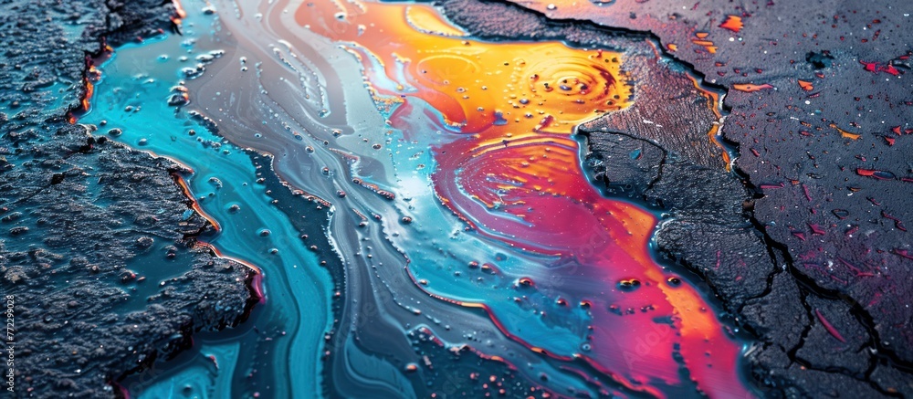 Poster A close-up view of a vibrant puddle of water reflecting the surrounding environment with abstract patterns on the asphalt.