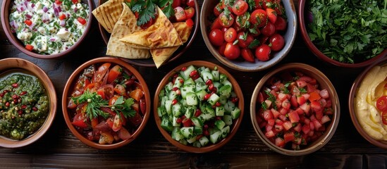 A table holds various bowls filled with a diverse range of delicious foods such as pasta, salad,...