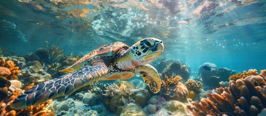 A turtle gracefully swims over a vibrant coral reef, showcasing the diverse marine life in the ocean. - obrazy, fototapety, plakaty