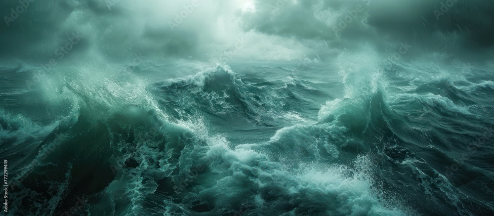 Poster an intense tempest stirs up the ocean, creating powerful waves that surround a vast body of water.