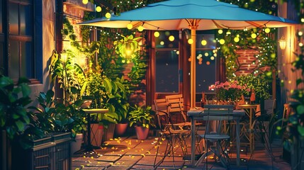 Terrace of a cafe or restaurant with a table, umbrella and chairs at night.