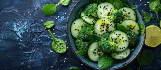 A bowl filled with a vibrant mix of cucumbers, broccoli, and spinach, perfect for a nutritious detox salad. - obrazy, fototapety, plakaty
