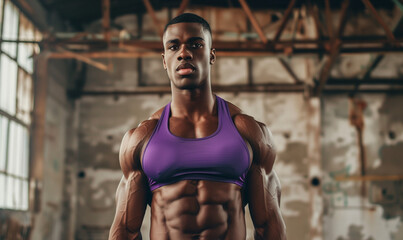fit black male with muscles wearing purple sport bra top in industrial background - obrazy, fototapety, plakaty