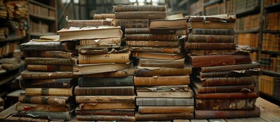 A stack of weathered and vintage books sitting on top of a wooden table.