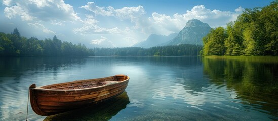 A small boat peacefully floating on top of a calm lake surrounded by natures beauty.