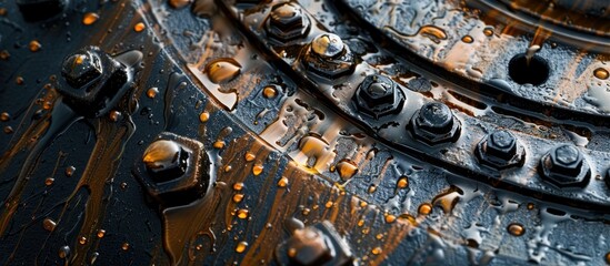 A close-up view of a metal object featuring numerous rivets, oil spilling tray for a hydraulic