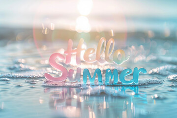 Word Hello Summer on blurred see background with lights. Tourist season, relax, travel, vacation  concept.