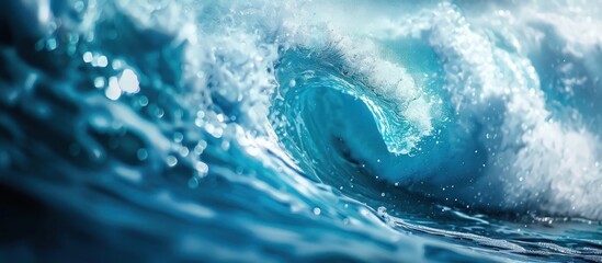 A large, intense blue wave rising in the middle of the ocean, displaying immense energy and force.