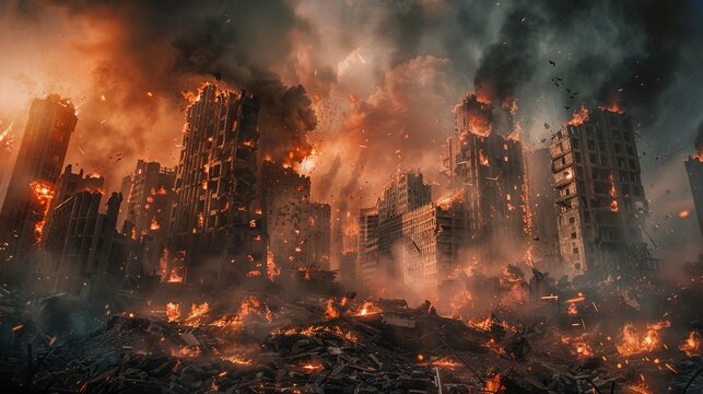 The city is on fire, wars are destroying it, leaving burning broken buildings with smoke and flames.