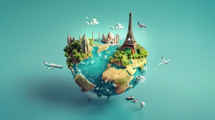 Global Earth Map: Illustration depicting the world with continents, oceans, and greenery symbolizing our planet's diverse environment and interconnectedness - obrazy, fototapety, plakaty